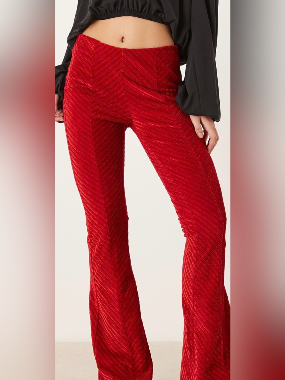 Free People Penny Pull On Red Ribbed Flare Pants